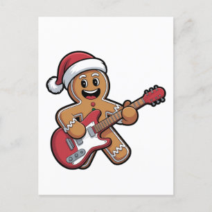 Gingerbread Man Play Guitar Electric Christmas Invitation Postcard