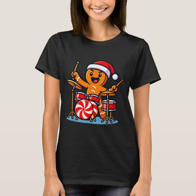 Gingerbread Man Playing Drums  T-Shirt (Front)