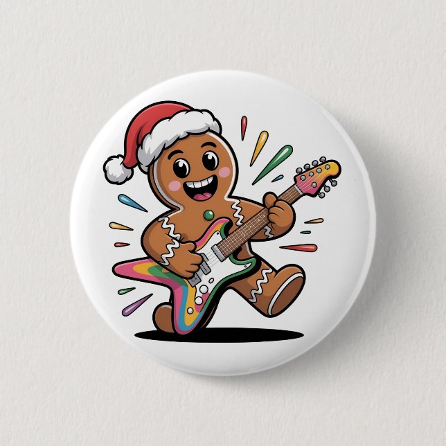 Gingerbread Man Playing Guitar Electric Santa  2 Inch Round Button (Front)