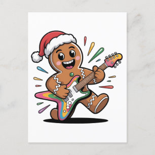 Gingerbread Man Playing Guitar Electric Santa Announcement Postcard