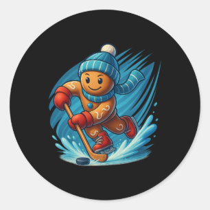 Gingerbread Man Playing Hockey Funny Christmas Tee Classic Round Sticker