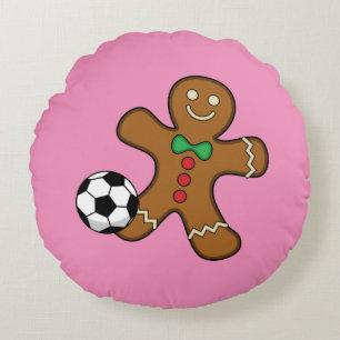 Gingerbread Man Playing Soccer Round Pillow