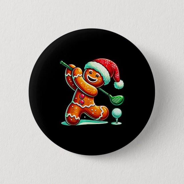 Gingerbread Man Plays Golf Christmas Golfing Santa 2 Inch Round Button (Front)