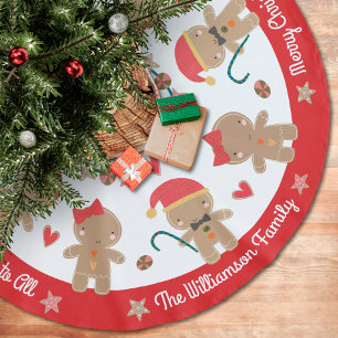 Gingerbread Man Red White Holiday Rustic Name Brushed Polyester Tree Skirt