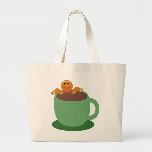 Gingerbread Man Relaxing Cocoa Holiday Fun Toon Large Tote Bag (Front)