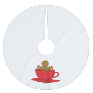 Gingerbread Man Relaxing In Hot Chocolate Red Cup Brushed Polyester Tree Skirt