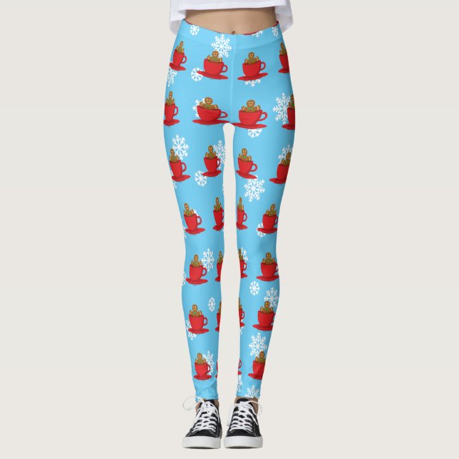 Gingerbread Man Relaxing In Hot Chocolate Red Cup Leggings (Front)