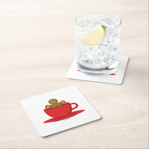 Gingerbread Man Relaxing In Hot Chocolate Red Cup Square Paper Coaster