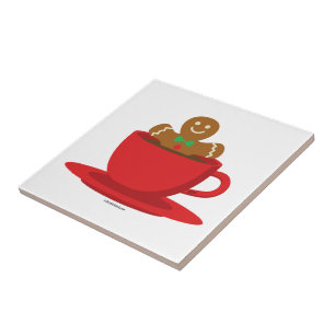 Gingerbread Man Relaxing In Hot Chocolate Red Cup Tile
