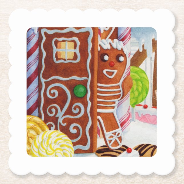 GINGERBREAD MAN Scallop Square Paper Coasters (Front)