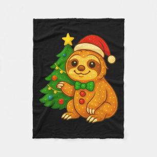 Gingerbread Man Sloth Santa Hat Christmas Tree  Fleece Blanket