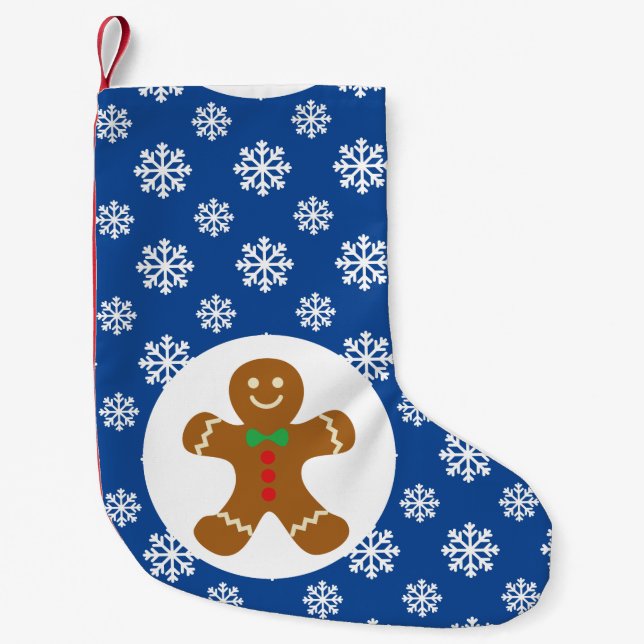 Gingerbread Man Snowflakes Blue Small Christmas Stocking (Front)