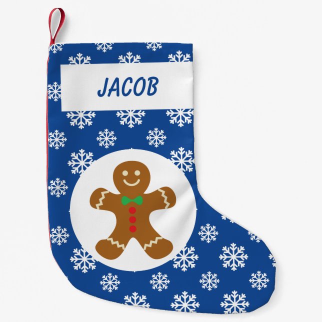 Gingerbread Man Snowflakes Personalized Blue Small Christmas Stocking (Front)