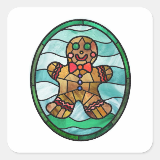 Gingerbread man stained glass style square sticker (Front)