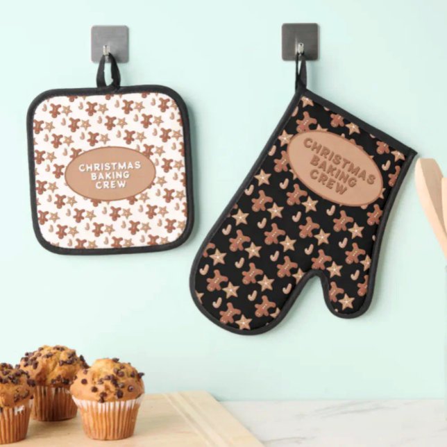 Gingerbread Man, Star & Candy Cane Cookie Pattern Oven Mitt & Pot Holder Set (Christmas baking pattern Oven Mitt and Pot Holder template text)