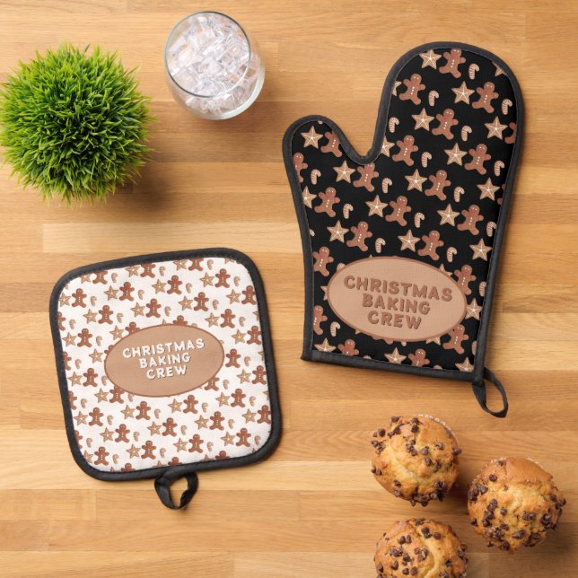 Gingerbread Man, Star & Candy Cane Cookie Pattern Oven Mitt & Pot Holder Set (Top Down)