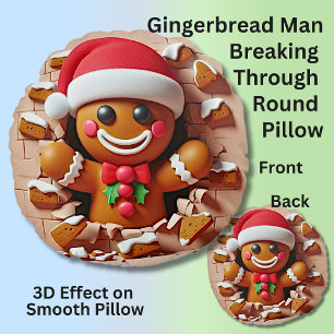 Gingerbread Man Through Gingerbread Wall 3D Effect Round Pillow