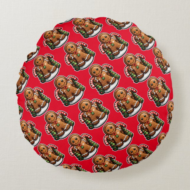 Gingerbread man with candy canes round pillow (Front)