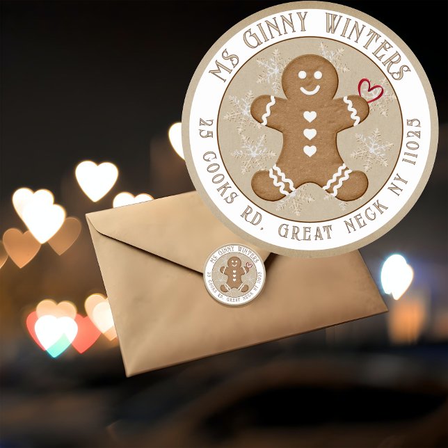 Gingerbread Man with Hearts Snowflakes Holiday  Classic Round Sticker (Creator Uploaded)