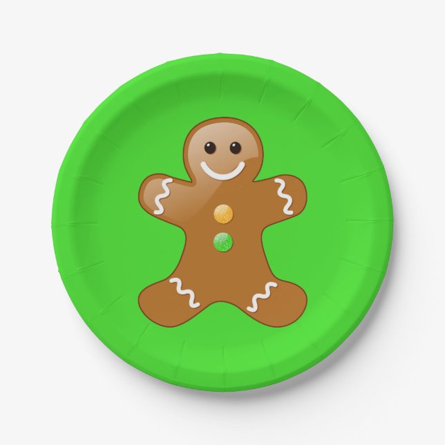 Gingerbread Man with Orange and Green Buttons Paper Plate (Front)