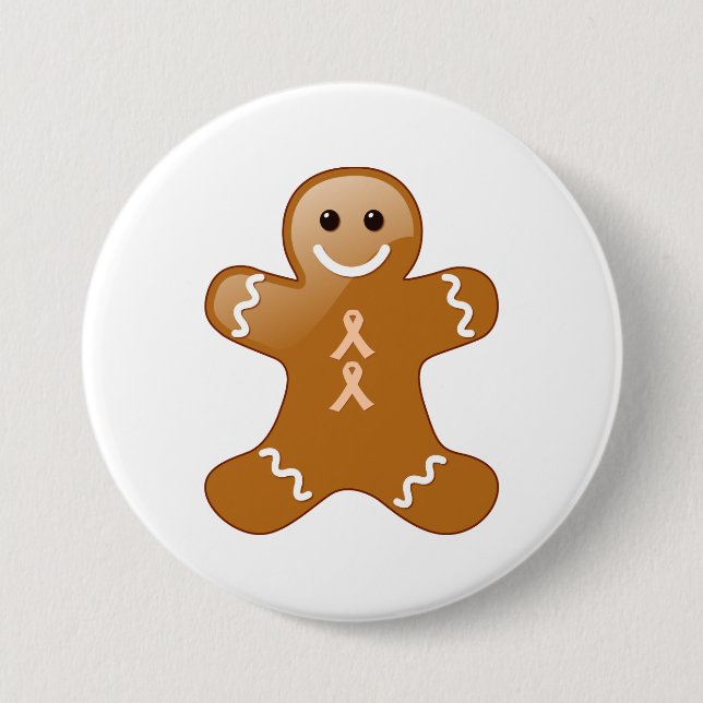 Gingerbread Man with Peach Awareness Ribbons 3 Inch Round Button (Front)