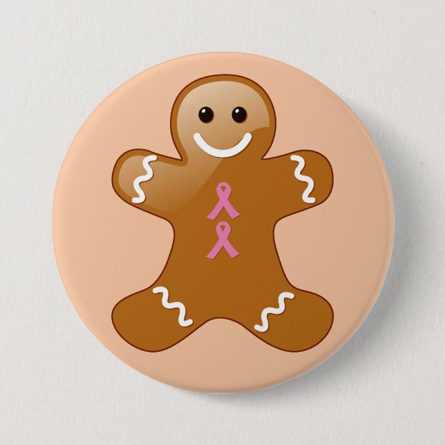 Gingerbread Man with Pink Awareness Ribbons 3 Inch Round Button (Front)