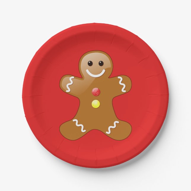 Gingerbread Man with Red and Yellow Buttons Paper Plate (Front)