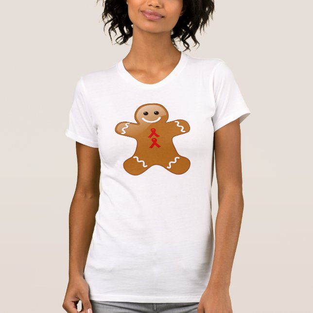 Gingerbread Man with Red Awareness Ribbons T-Shirt (Front)