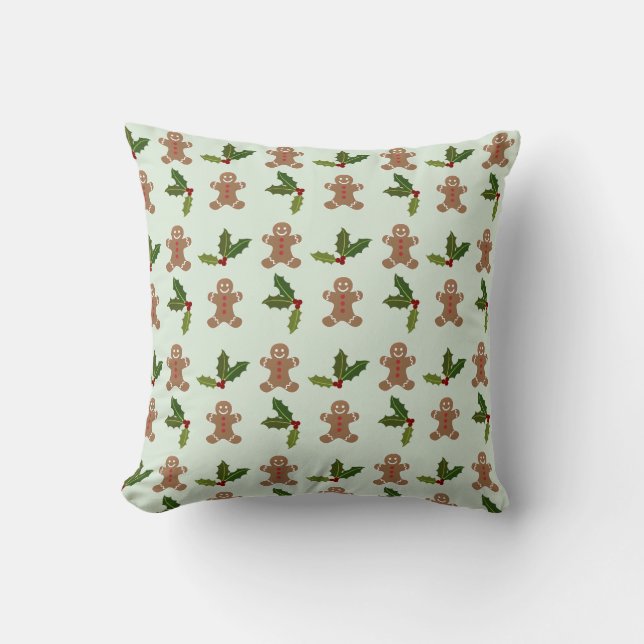 Gingerbread Men and Holly Pattern Throw Pillow (Front)