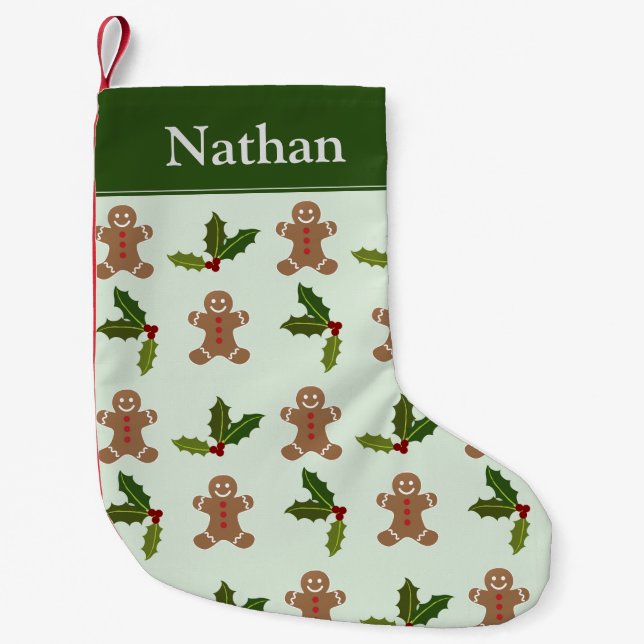 Gingerbread Men and Holly Personalised Green Small Christmas Stocking (Front)