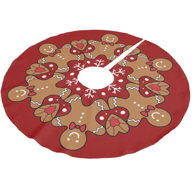 Gingerbread Men And Snowflake Mandala Brushed Polyester Tree Skirt (Angled)