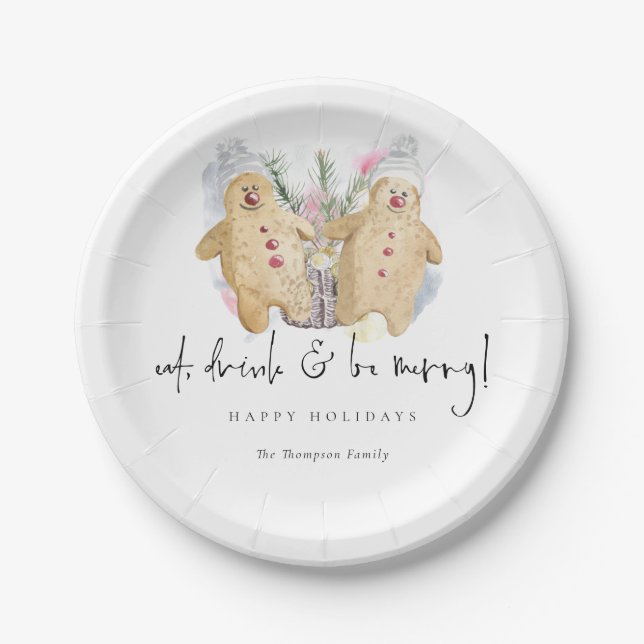 Gingerbread Men Eat Drink Be Merry Name Holiday Paper Plate (Front)