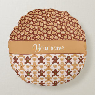 Gingerbread Men Faces and Hearts Round Pillow