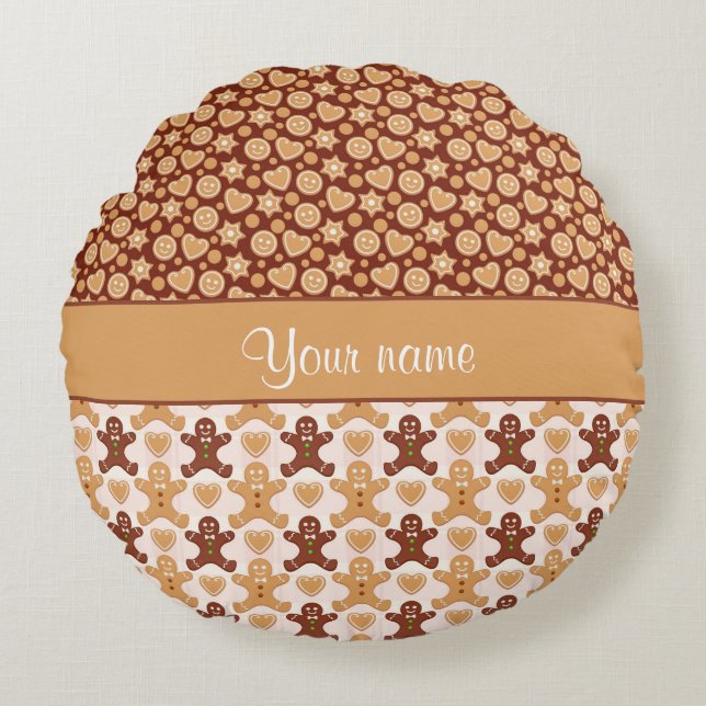Gingerbread Men Faces and Hearts Round Pillow (Front)