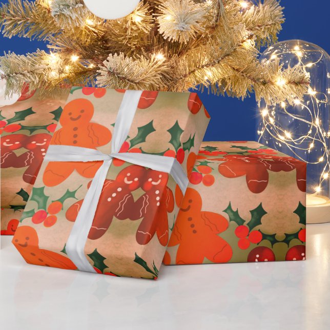 Gingerbread Men Holly Berries Wrapping Paper (Holidays)