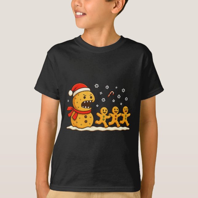 Gingerbread Monster Chase Funny Christmas Cookie X T-Shirt (Front)