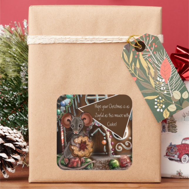 Gingerbread Mouse Christmas Square Sticker (Holiday)