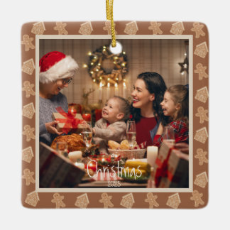 Gingerbread Neutral Christmas Photo Custom  Ceramic Ornament