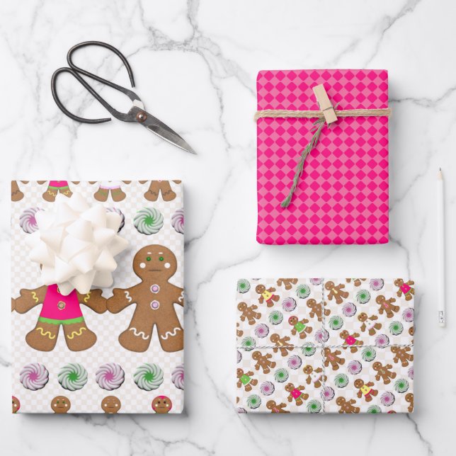 Gingerbread People Cookies and Candy Christmas Wrapping Paper Sheet (Front)