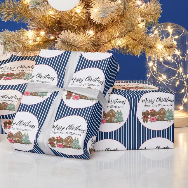 Gingerbread People Merry Christmas Blue Striped Wrapping Paper (Holidays)