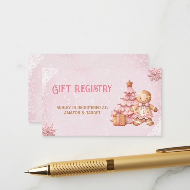 Gingerbread Pink Baby Shower Gift Registry Card (Front/Back In Situ)