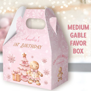 Gingerbread Pink Christmas 1st Birthday Medium Favor Box