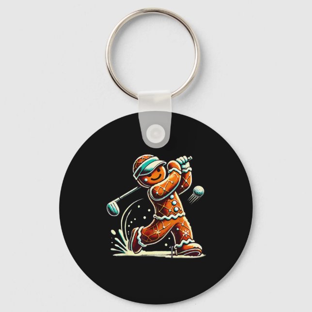 Gingerbread Playing Golf Ball Christmas Golf Lover Keychain (Front)