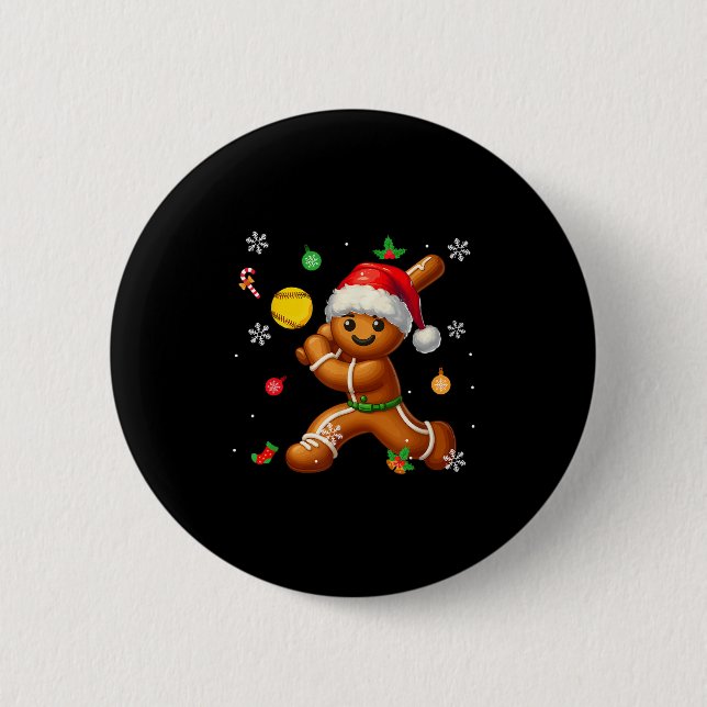 Gingerbread Playing Softball Christmas Player Kids 2 Inch Round Button (Front)