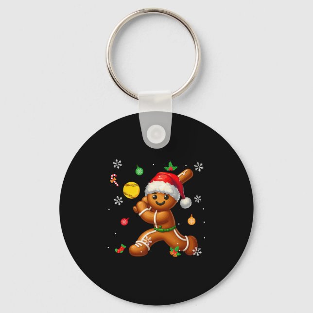 Gingerbread Playing Softball Christmas Player Kids Keychain (Front)