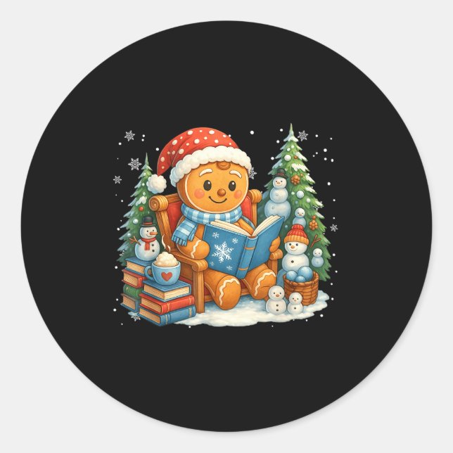 Gingerbread Reading Book Lovers Christmas Bookworm Classic Round Sticker (Front)