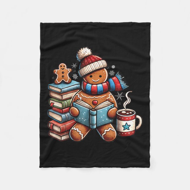Gingerbread Reading Book Lovers Christmas Bookworm Fleece Blanket (Front)