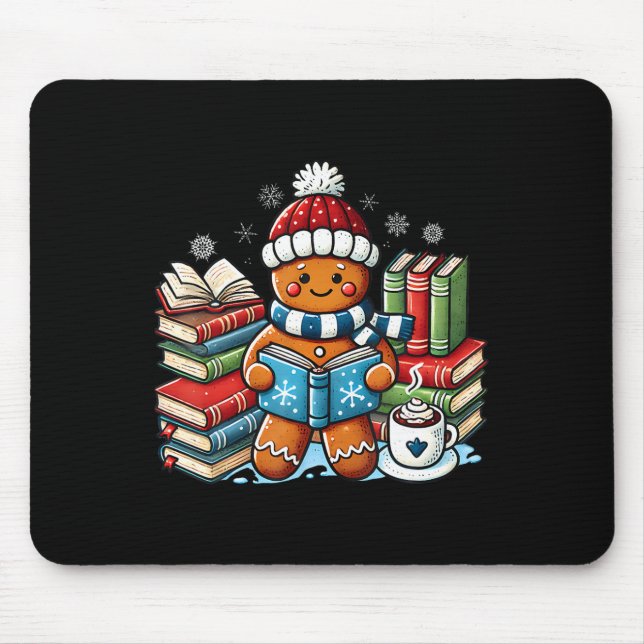 Gingerbread Reading Book Lovers Christmas Bookworm Mouse Pad (Front)