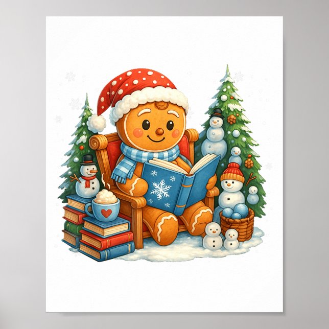 Gingerbread Reading Book Lovers Christmas Bookworm Poster (Front)