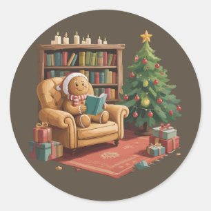 Gingerbread Reading Books Christmas Teacher Classic Round Sticker